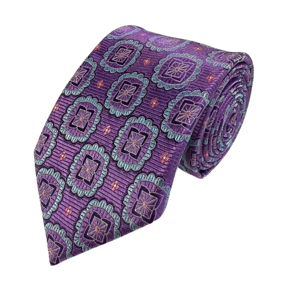 Alan Flusser Jacquard Silk Tie Purple Geometric Floral Handmade Silk Men Necktie